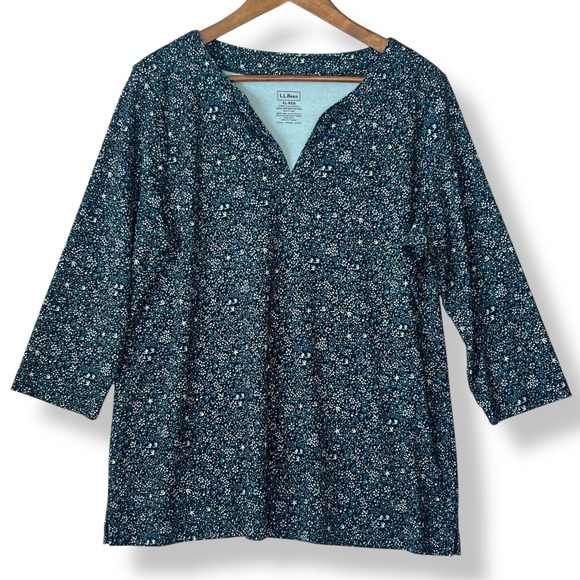 L.L. Bean XL 100% Supima Cotton Floral T-Shirt Blouse Lot of 2 Blue Cottagecore - Picture 4 of 16